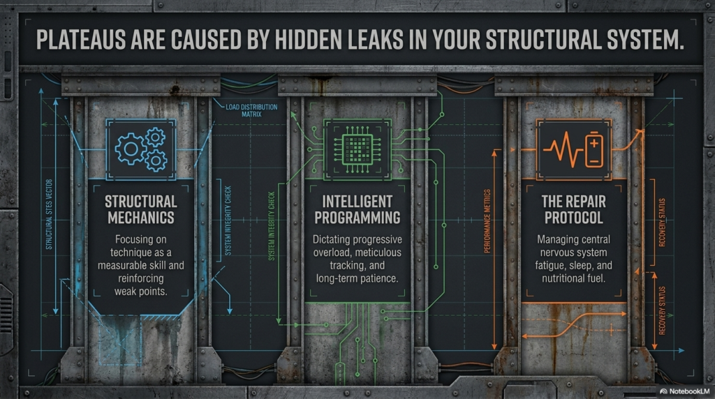 Diagram showing structural mechanics, intelligent programming and recovery protocol in powerlifting
