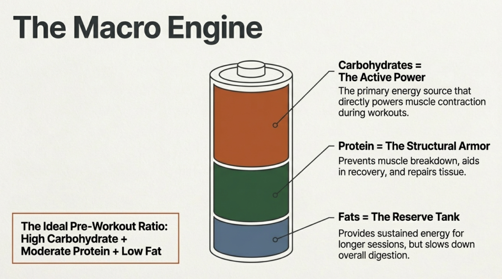 Diagram showing carbohydrates, protein, and fats roles in pre-workout nutrition