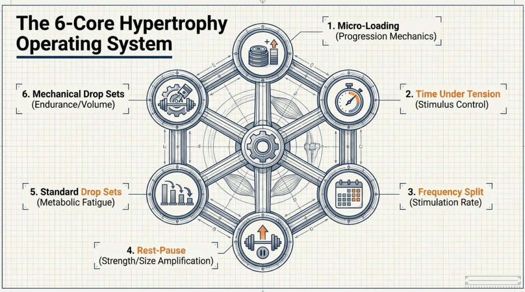 Diagram showing six core hypertrophy methods including micro-loading, TUT, frequency training, rest-pause, drop sets, and mechanical drops