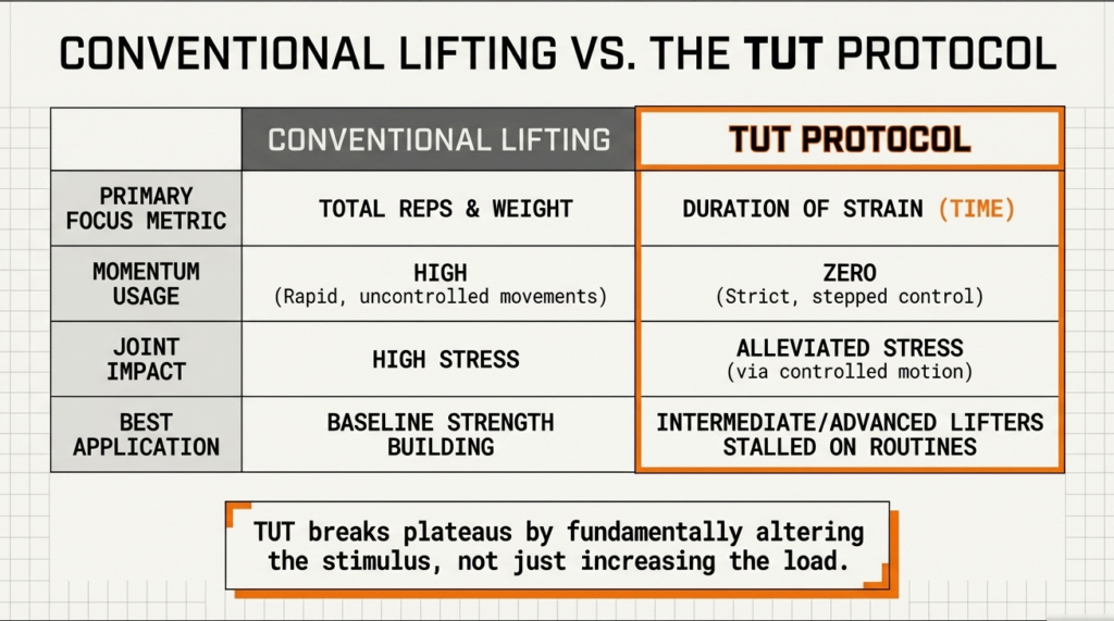 Table comparing traditional lifting with time under tension training benefits