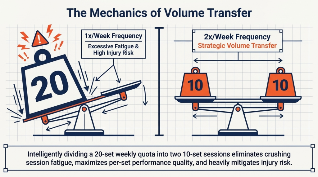 Comparison of 20 sets in one session vs two sessions of 10 sets showing reduced fatigue and better balance