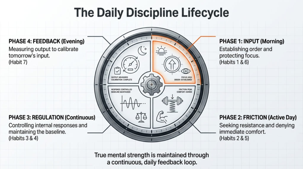 Diagram showing four phases of discipline including input, friction, regulation, and feedback