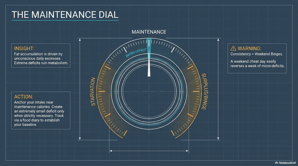 Dial illustration showing calorie maintenance, deficit and surplus balance