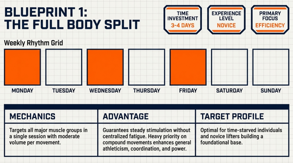 Weekly schedule showing full body workouts three to four days per week for beginners