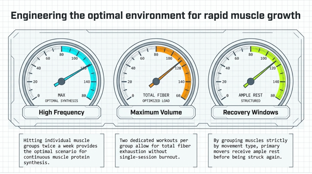 Three gauges showing high frequency, maximum volume, and recovery windows for muscle growth