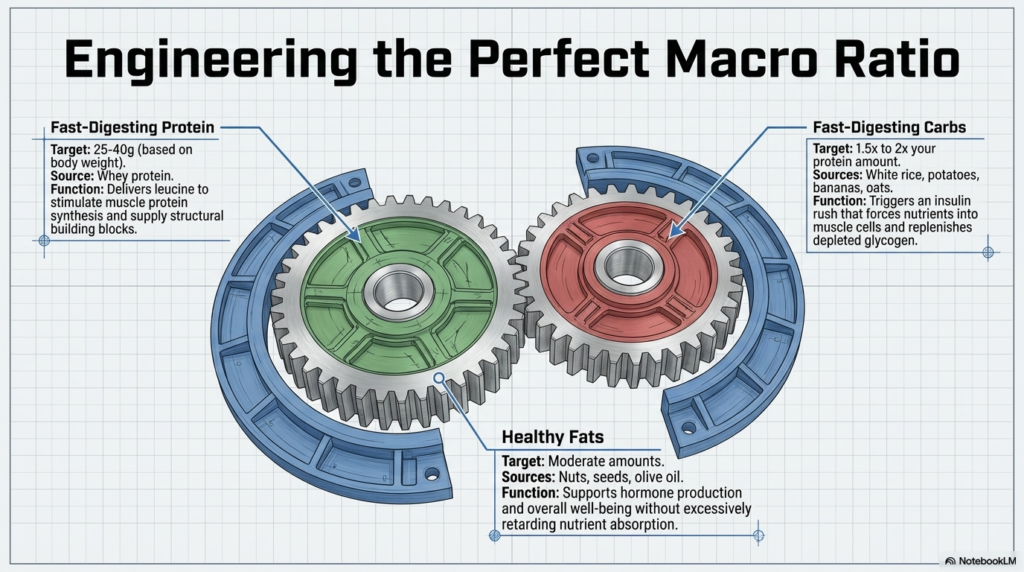 Diagram showing protein, carbohydrates, and fats balance for muscle recovery