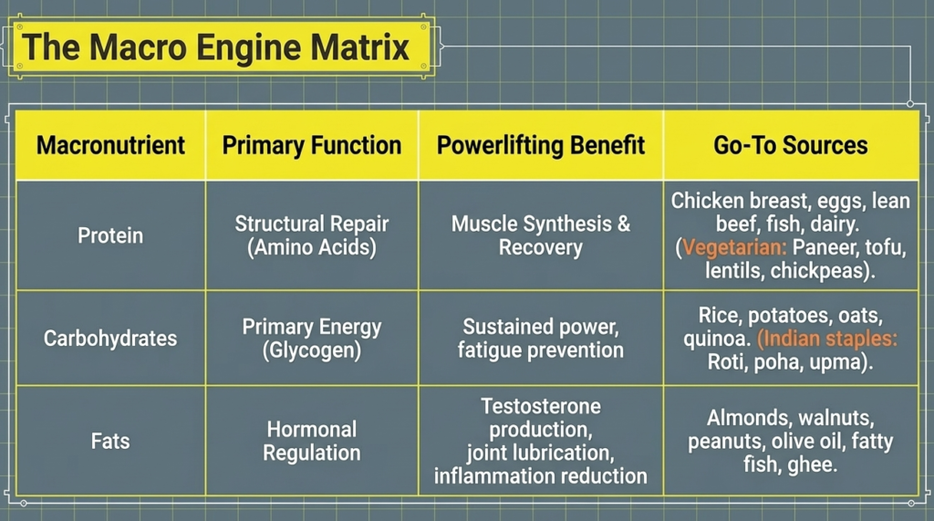 Macronutrient chart showing protein, carbs, and fats with functions and powerlifting benefits