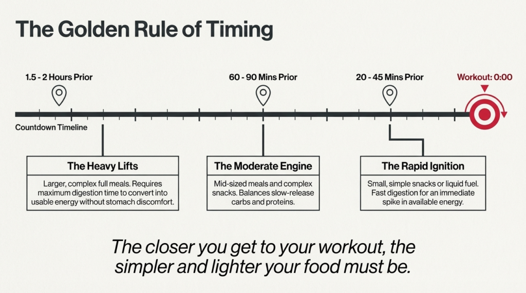 Timeline showing when to eat before workouts from 2 hours to 20 minutes prior