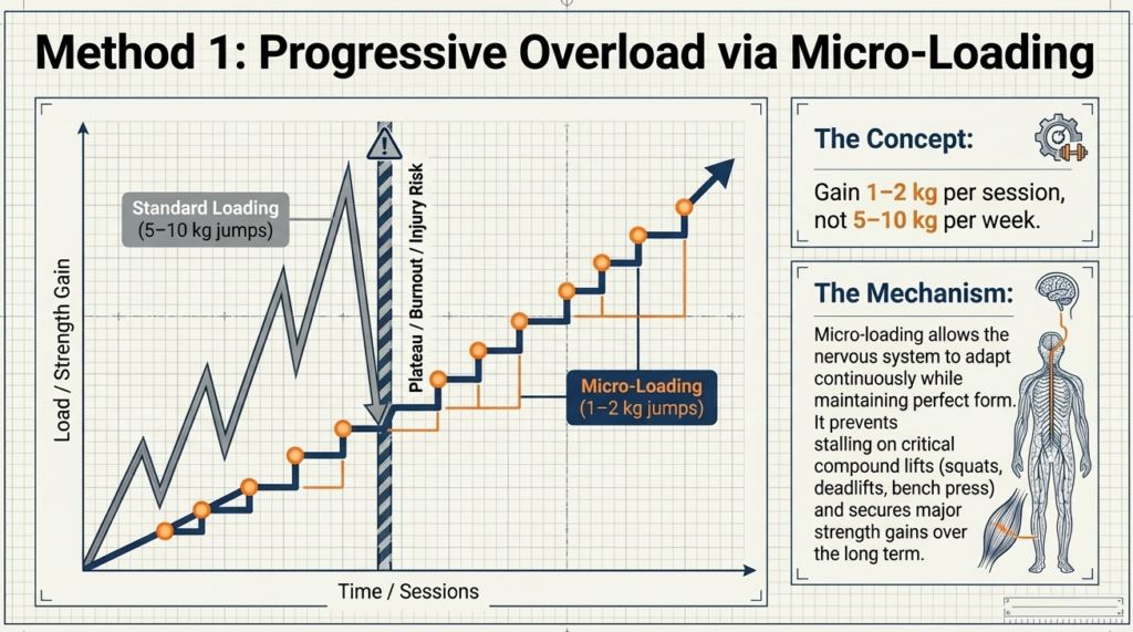 Graph showing gradual strength progression using micro-loading compared to large weight jumps causing plateaus and injury risk