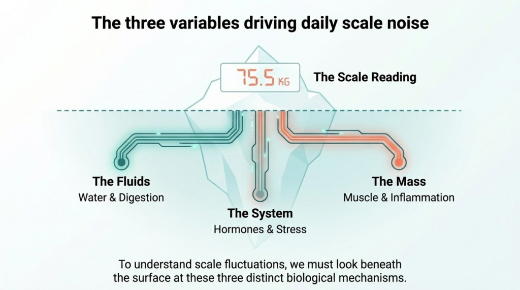 Diagram showing fluids, hormones, and muscle as factors affecting scale weight