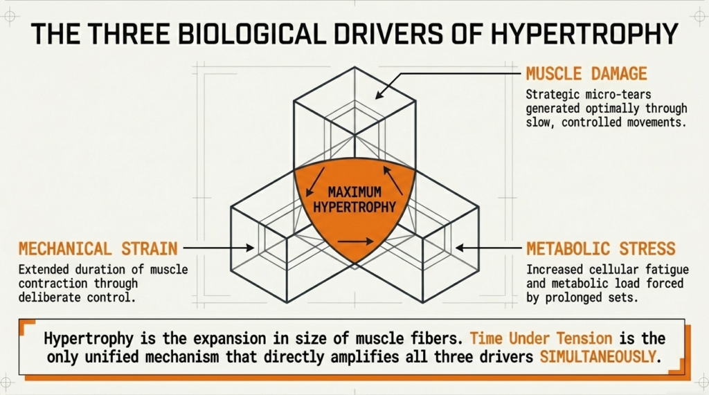 Diagram showing mechanical tension, metabolic stress, and muscle damage