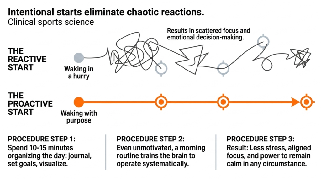 Diagram showing proactive vs reactive morning routines and their outcomes