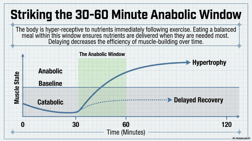 Graph showing muscle recovery benefits of eating within 30 to 60 minutes post workout