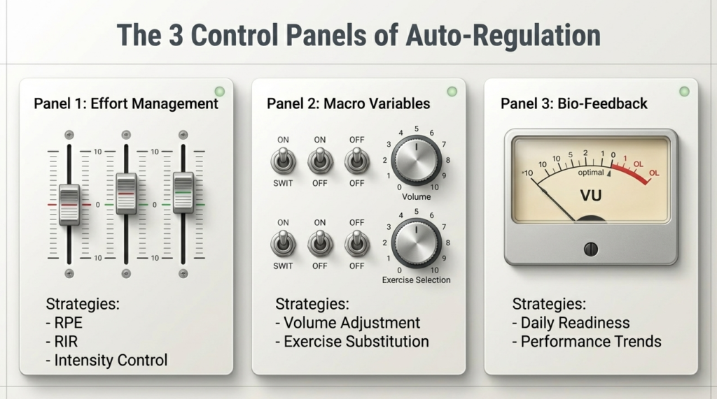 Three-panel diagram showing effort management, macro variables, and bio-feedback in training regulation