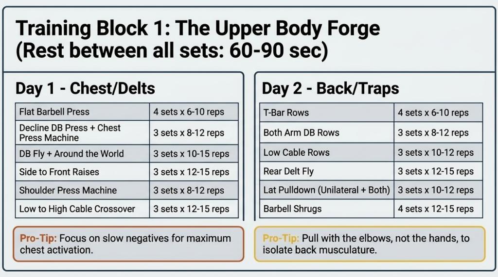 chest and back workout Alt text: day 1 and day 2 chest back and delt workout plan with sets reps and pro tips