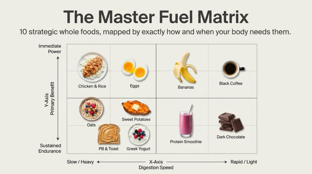 Grid showing pre-workout foods categorized by digestion speed and energy type