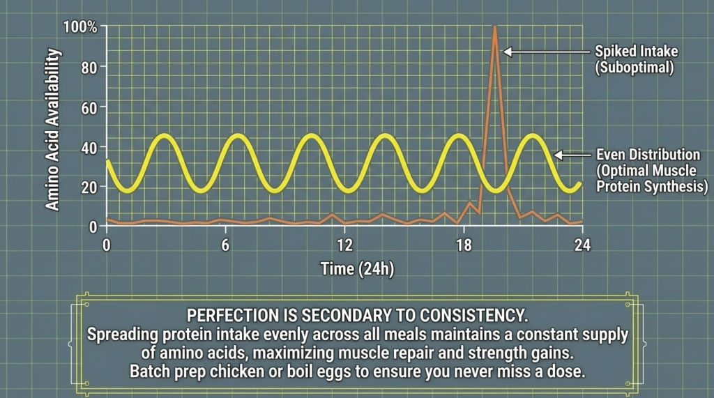 Graph showing amino acid availability and importance of evenly distributed protein intake