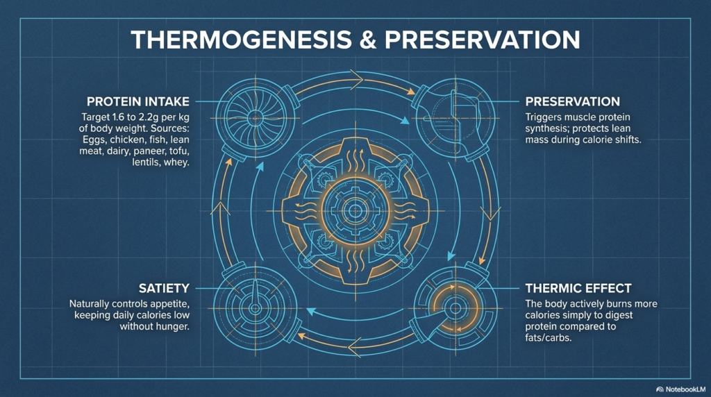 Diagram showing thermic effect of protein, satiety and muscle preservation