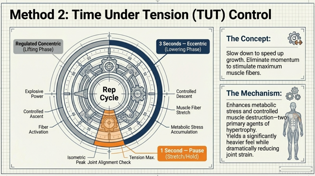 Infographic showing controlled rep cycle with eccentric, pause, and concentric phases to increase muscle tension