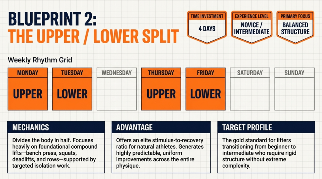 Upper lower workout schedule showing four day split with balanced training and recovery