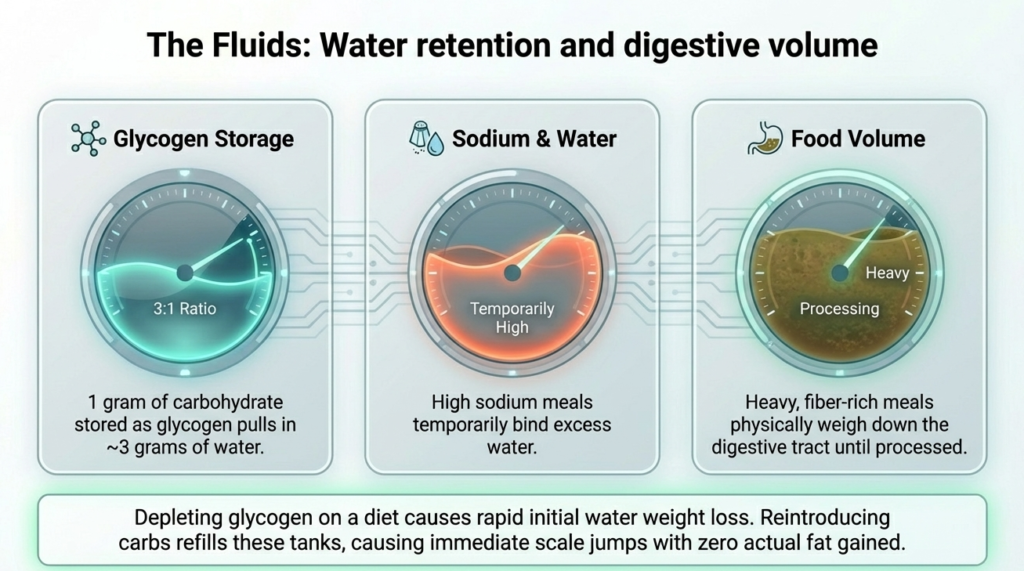 Illustration showing glycogen storage, sodium water retention, and food volume impact