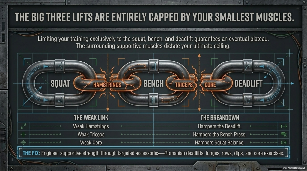 Illustration showing how weak hamstrings, triceps and core affect squat bench and deadlift