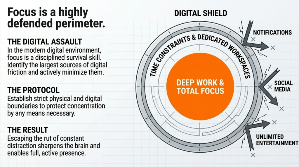 Illustration of digital distractions like social media and notifications affecting focus