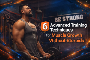Muscular man performing barbell curls in a modern gym with minimal clean design banner showing advanced training techniques for muscle growth without steroids