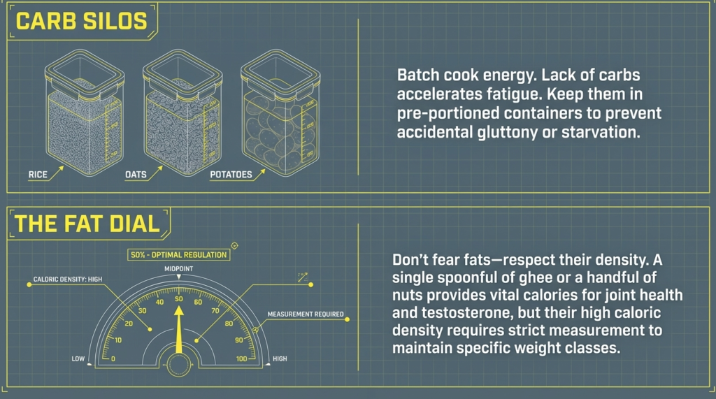 Infographic showing carb storage foods and fat intake control for powerlifters