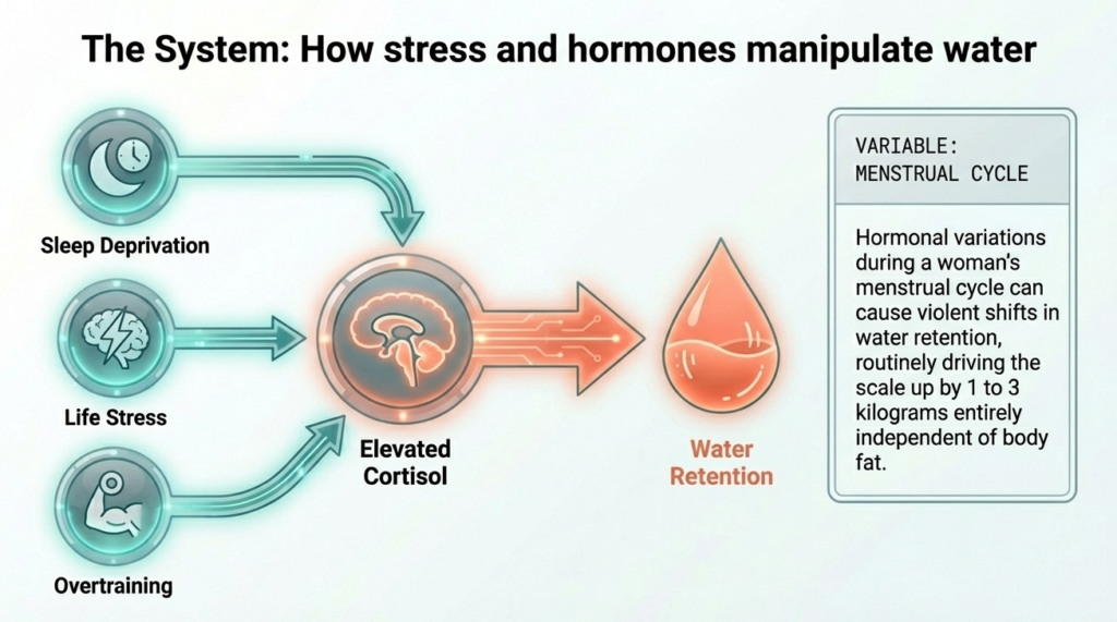 Diagram showing cortisol, stress, and sleep affecting water retention