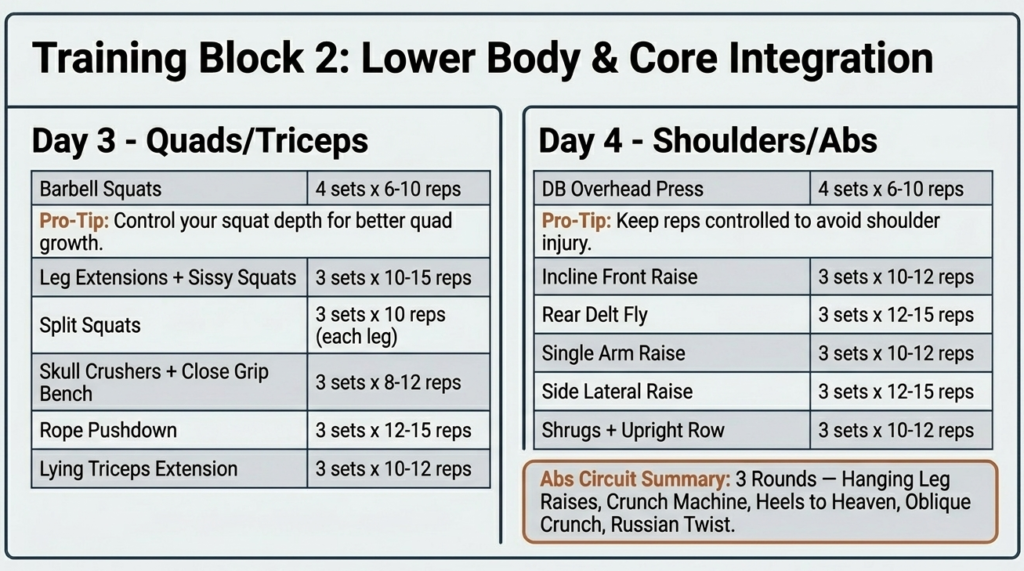 day 3 and day 4 quads triceps shoulders and abs workout plan with sets and reps