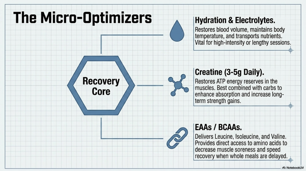 Illustration showing hydration, creatine, and amino acids for muscle recovery