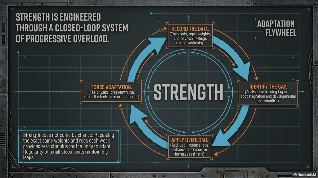 Circular diagram showing strength adaptation through tracking, overload and analysis