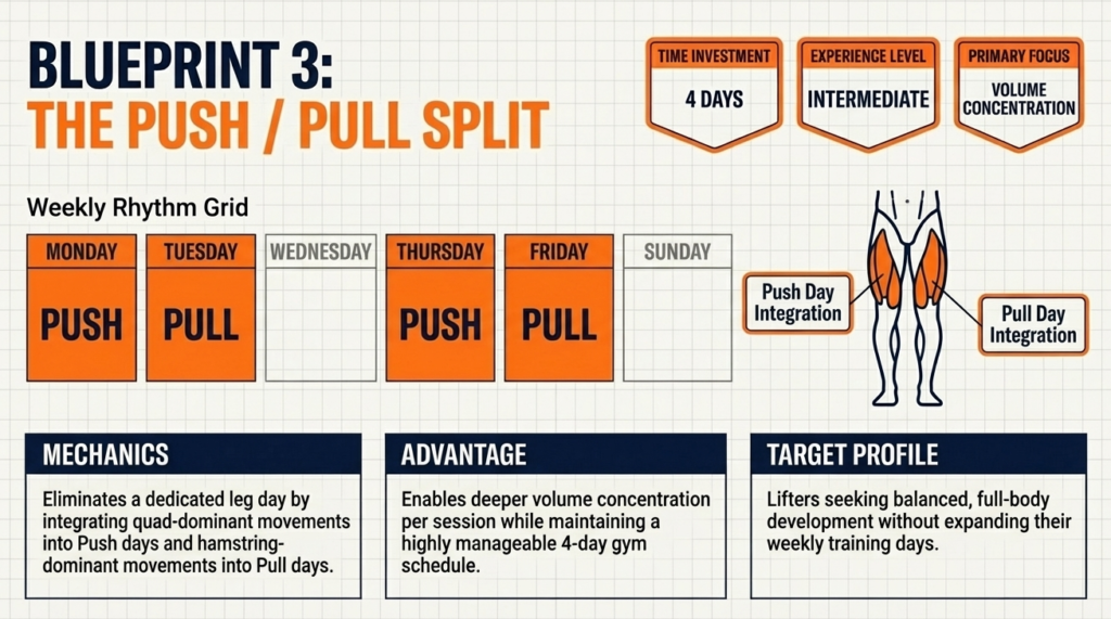 Push pull workout split integrating legs across push and pull days for twice weekly training