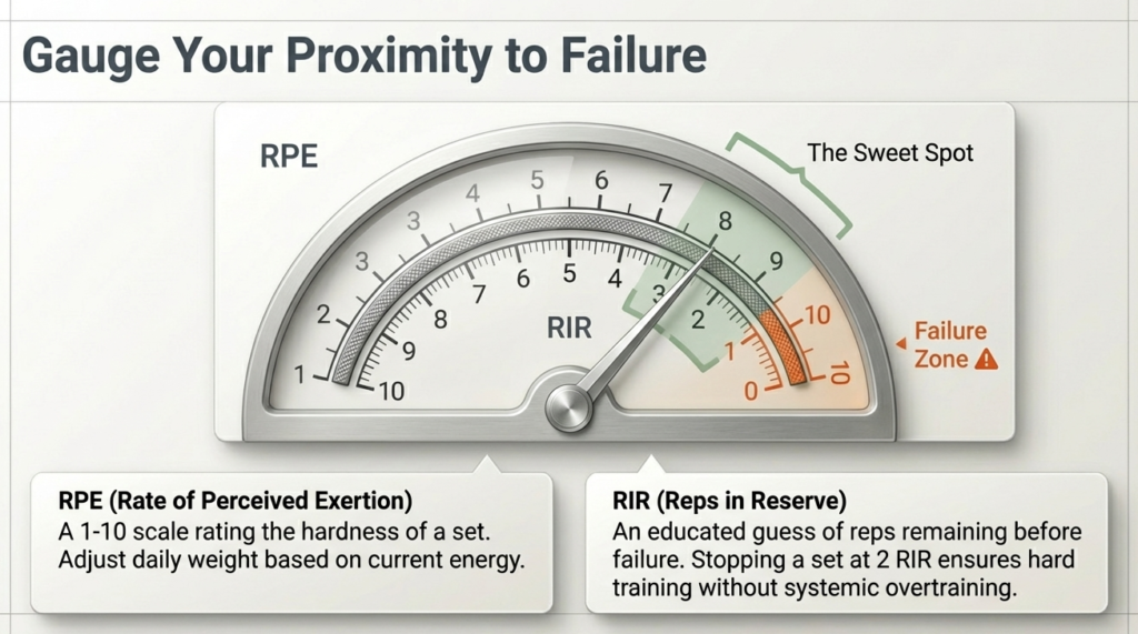 Gauge showing RPE and RIR scale with optimal training zone and failure zone highlighted