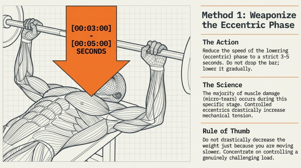 Bench press illustration showing slow eccentric lowering phase