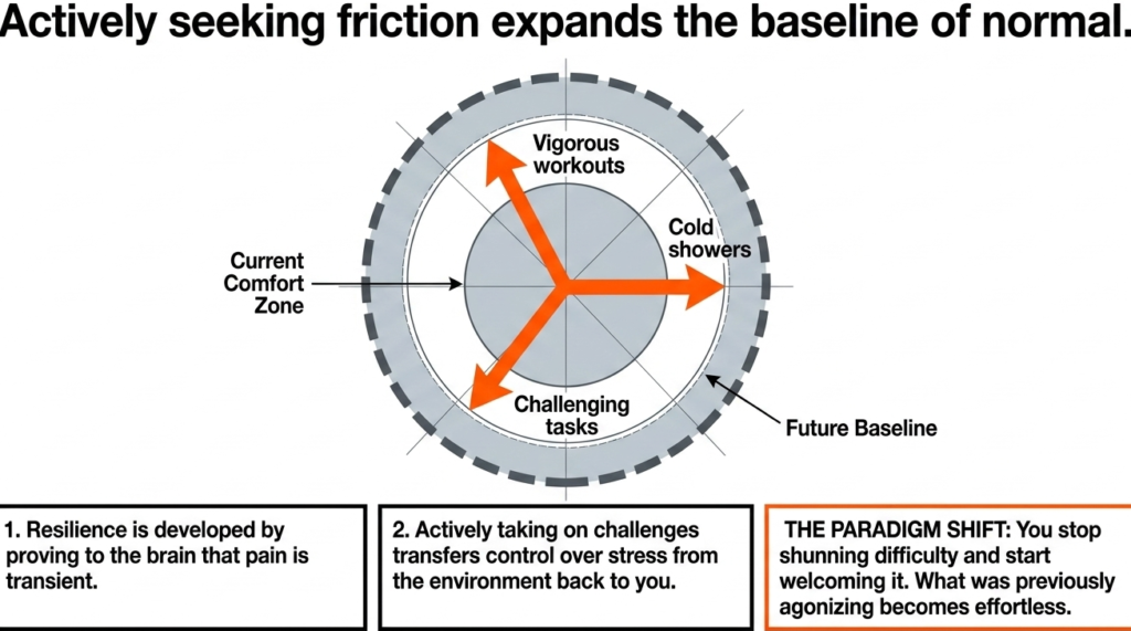 Diagram showing growth beyond comfort zone through challenges like workouts and cold showers