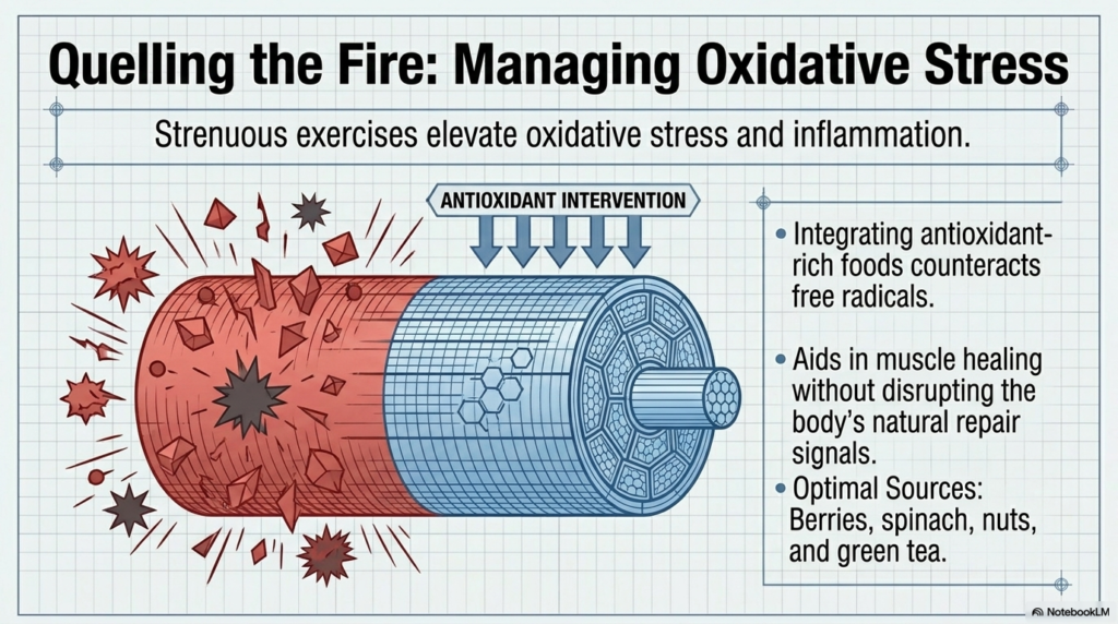 Diagram showing how antioxidants reduce muscle inflammation and oxidative stress