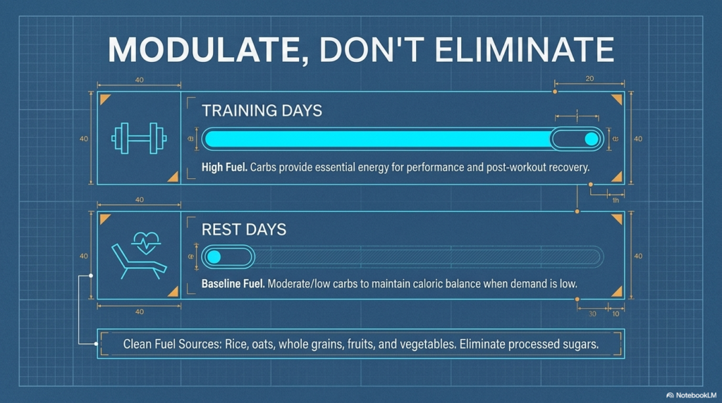 Infographic showing high carbs on training days and low carbs on rest days
