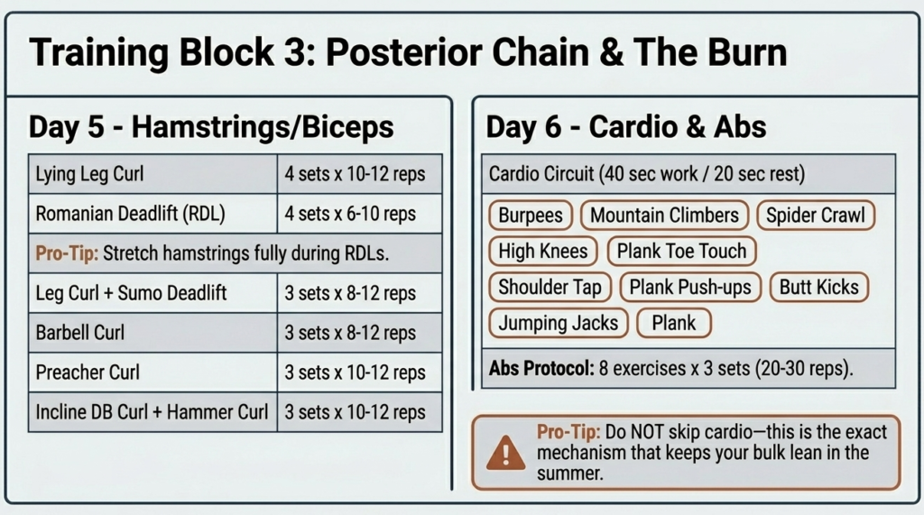 day 5 and day 6 hamstring bicep and cardio circuit workout plan for lean bulking