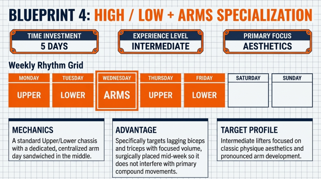 Five day workout split highlighting dedicated arm day for biceps and triceps growth