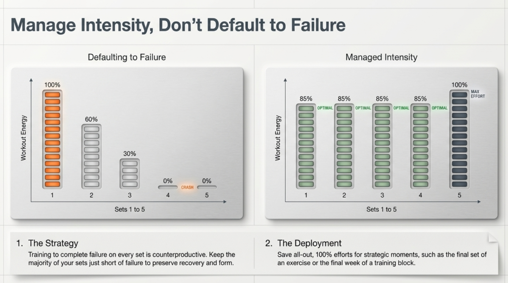 Comparison showing energy crash when training to failure versus stable performance with controlled intensity