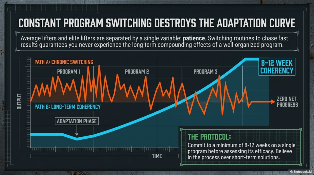 Graph comparing inconsistent program switching vs consistent long-term training progress