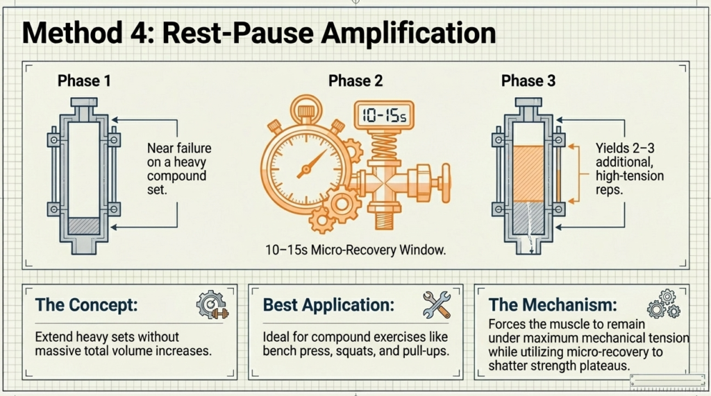 Diagram showing rest-pause method with short recovery intervals to extend heavy sets