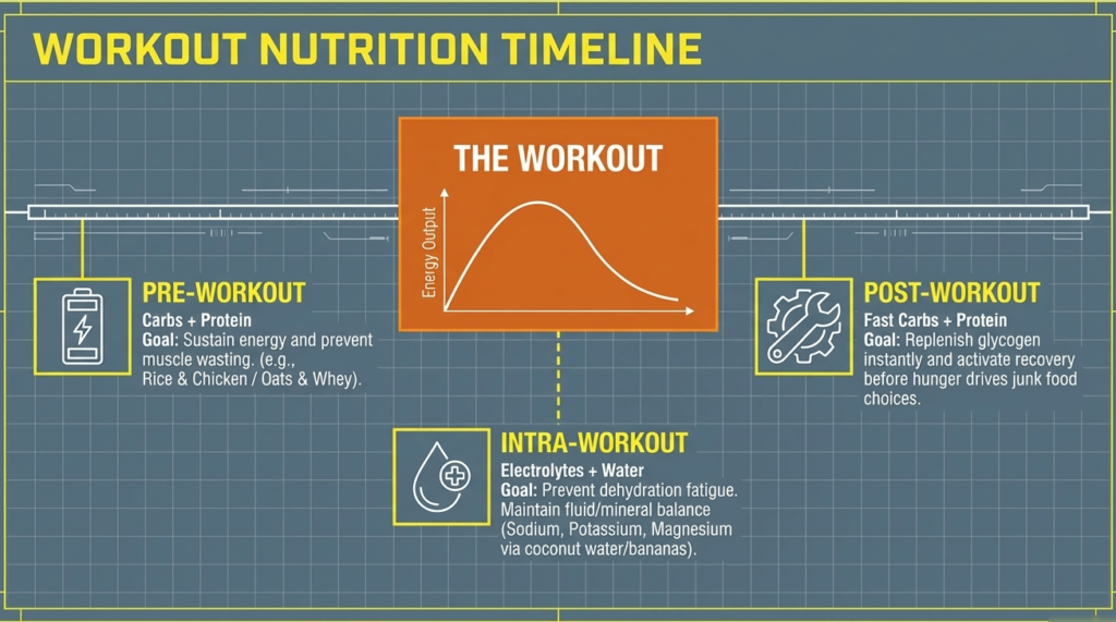 Pre workout, intra workout, and post workout nutrition timing infographic for powerlifters