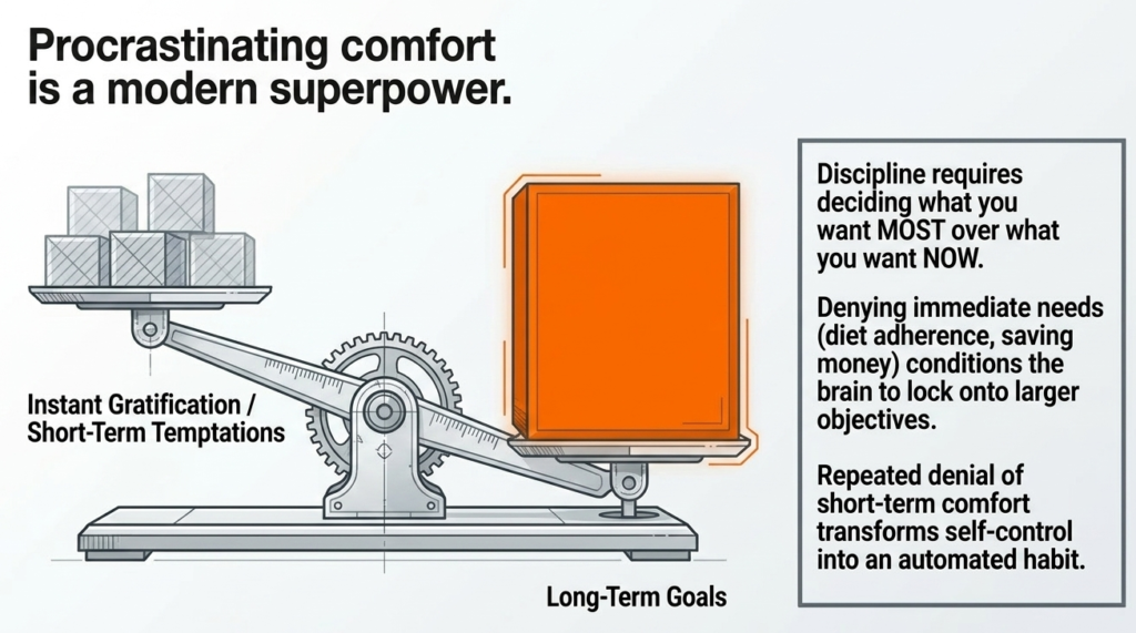 Balance scale comparing short-term temptations with long-term goals
