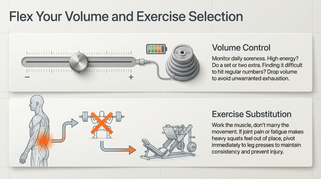 Illustration showing adjustable training volume slider and switching exercises due to joint discomfort