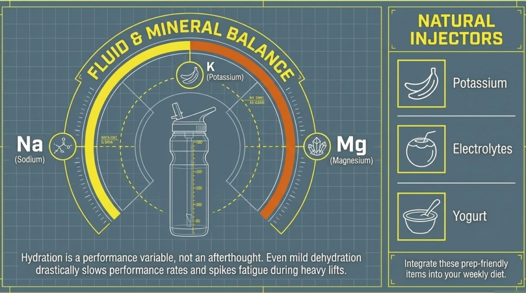Fluid balance infographic showing sodium potassium magnesium hydration for strength training