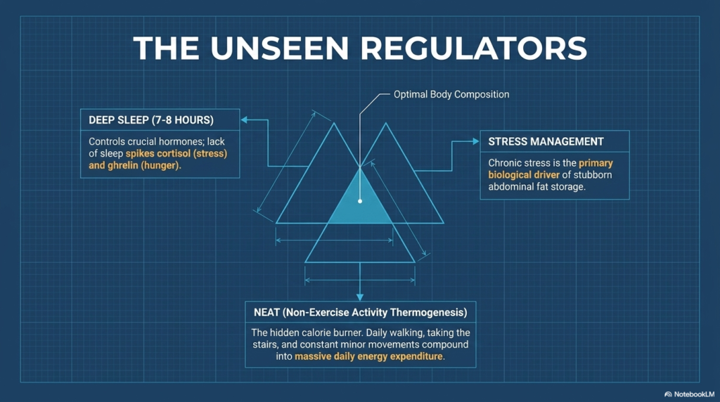 Diagram showing sleep, stress and daily activity affecting body composition