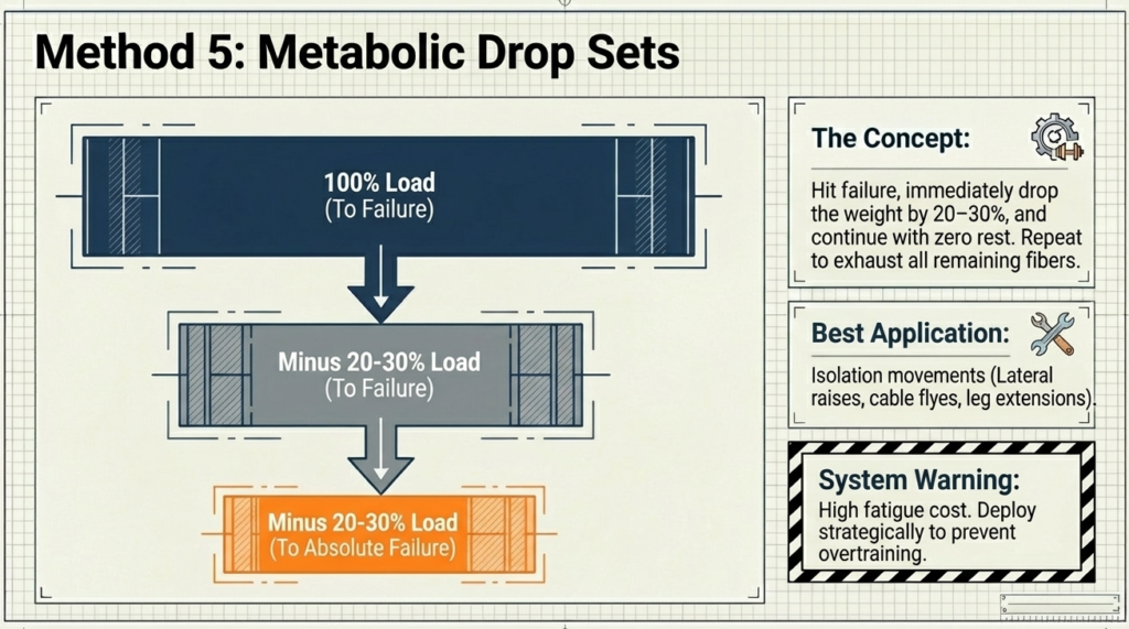 Infographic showing drop sets reducing weight progressively to reach muscle failure